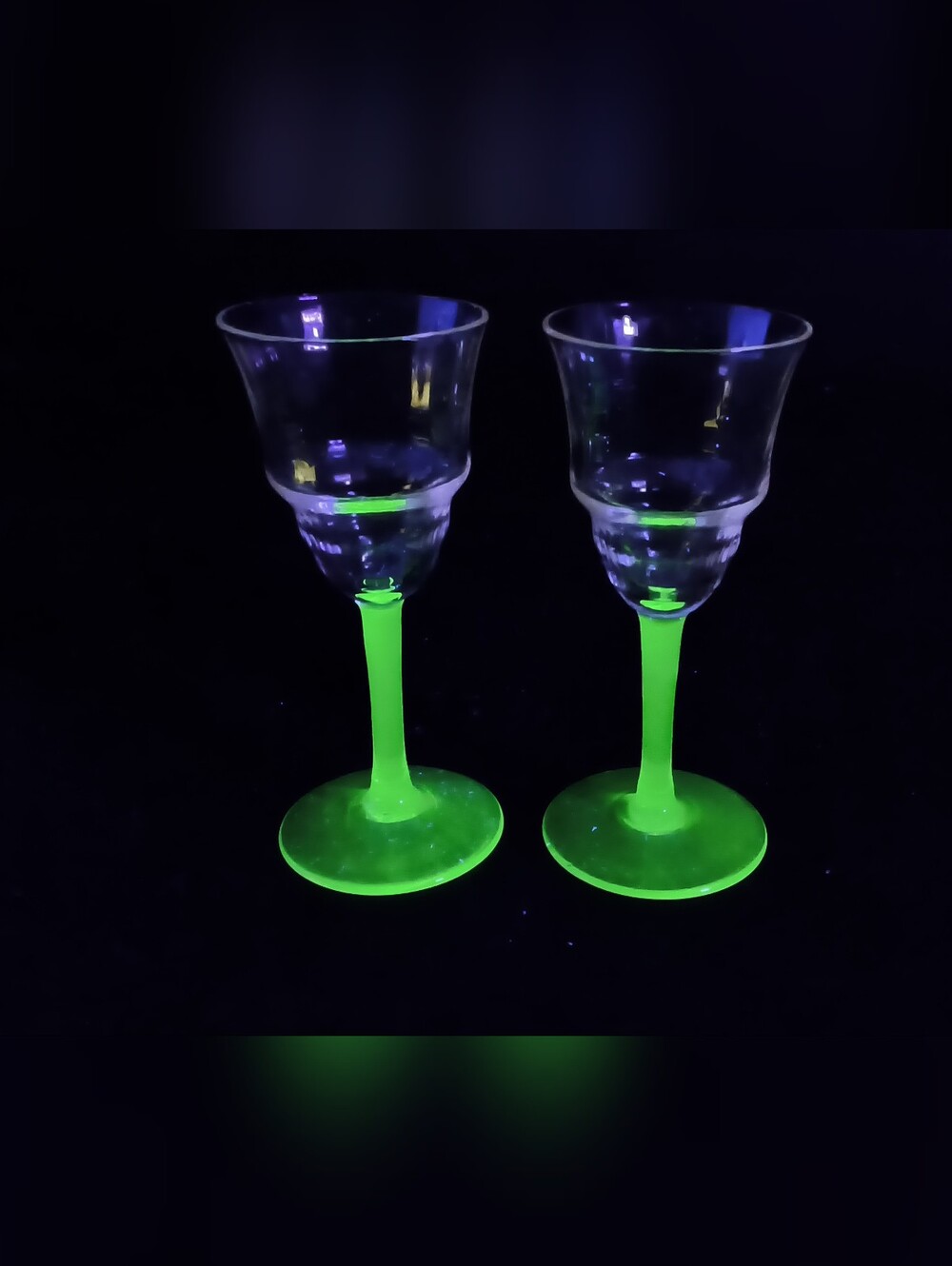 Vintage Green Uranium Stem Cordial Liqueur Glasses Pair 4" Two Tone Optic Glow